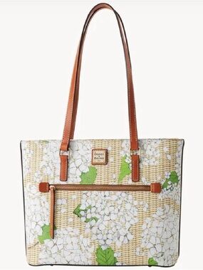 Dooney & Bourke White Floral Tote with Tan Straps and Green Leaf Accents